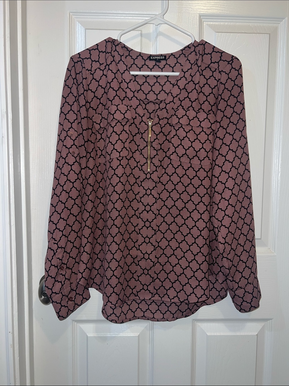 Express Pink Geometric-Print Long Sleeve Blouse with Zip